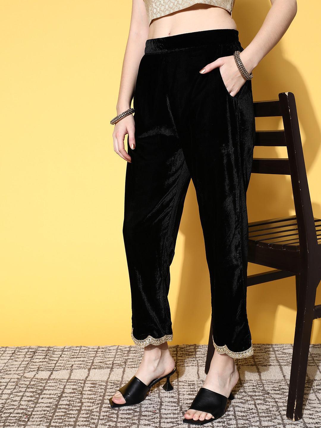 Black Solid Velvet Trousers - ShopLibas