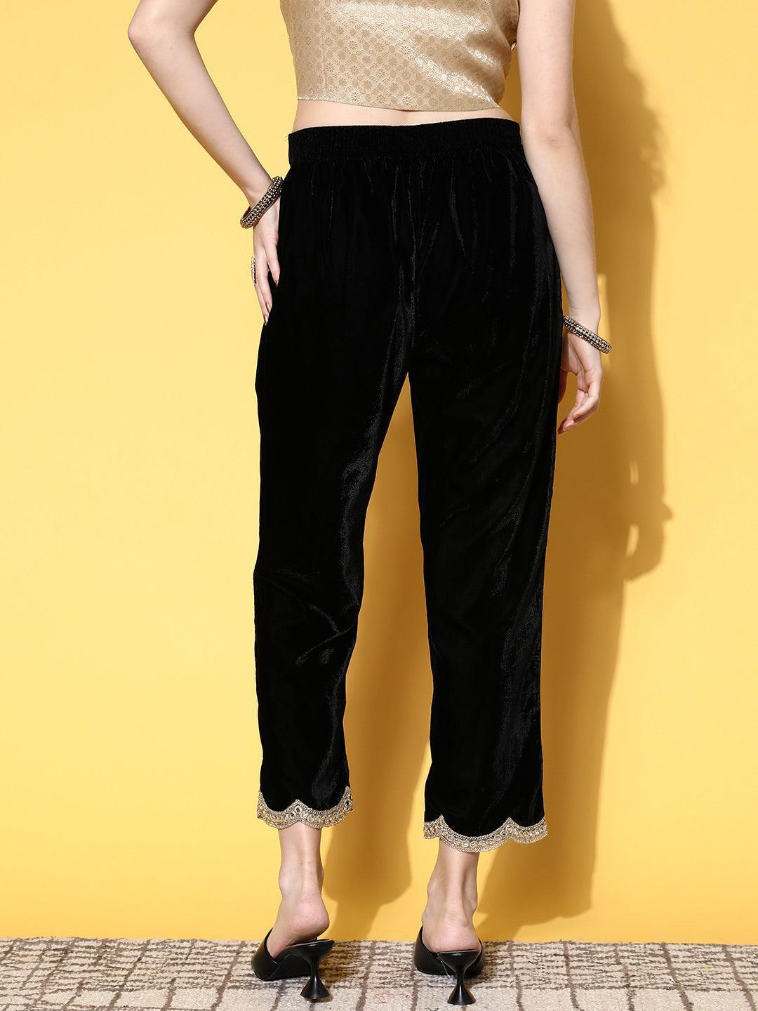 Black Solid Velvet Trousers - ShopLibas