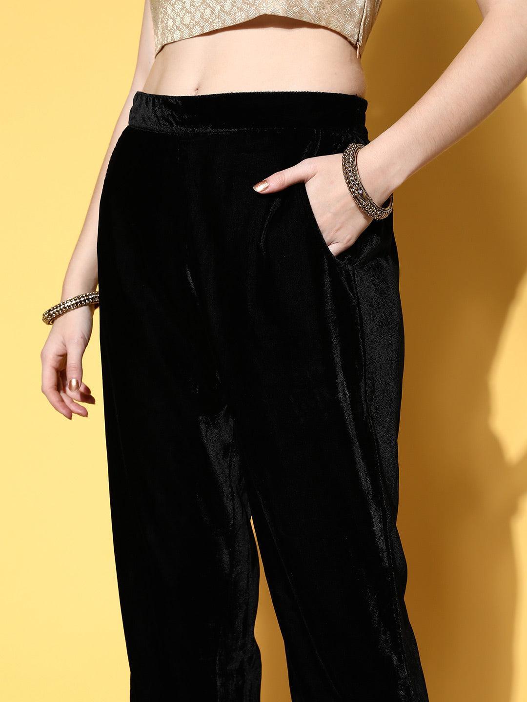 Black Solid Velvet Trousers - ShopLibas