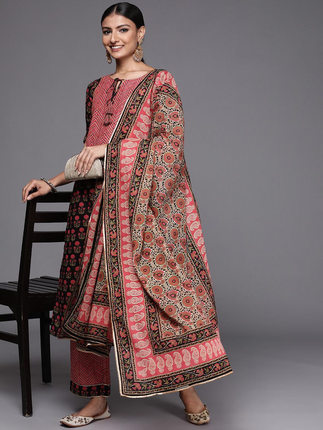 Black Yoke Design Cotton Straight Suit Set - ShopLibas