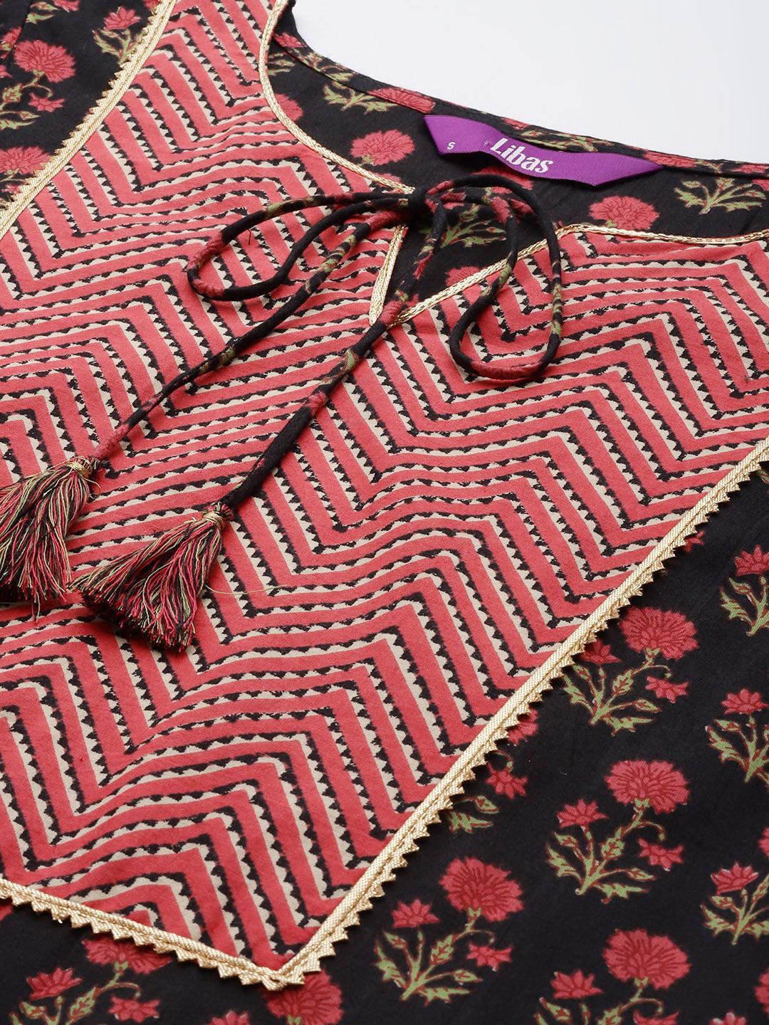 Black Yoke Design Cotton Straight Suit Set - ShopLibas