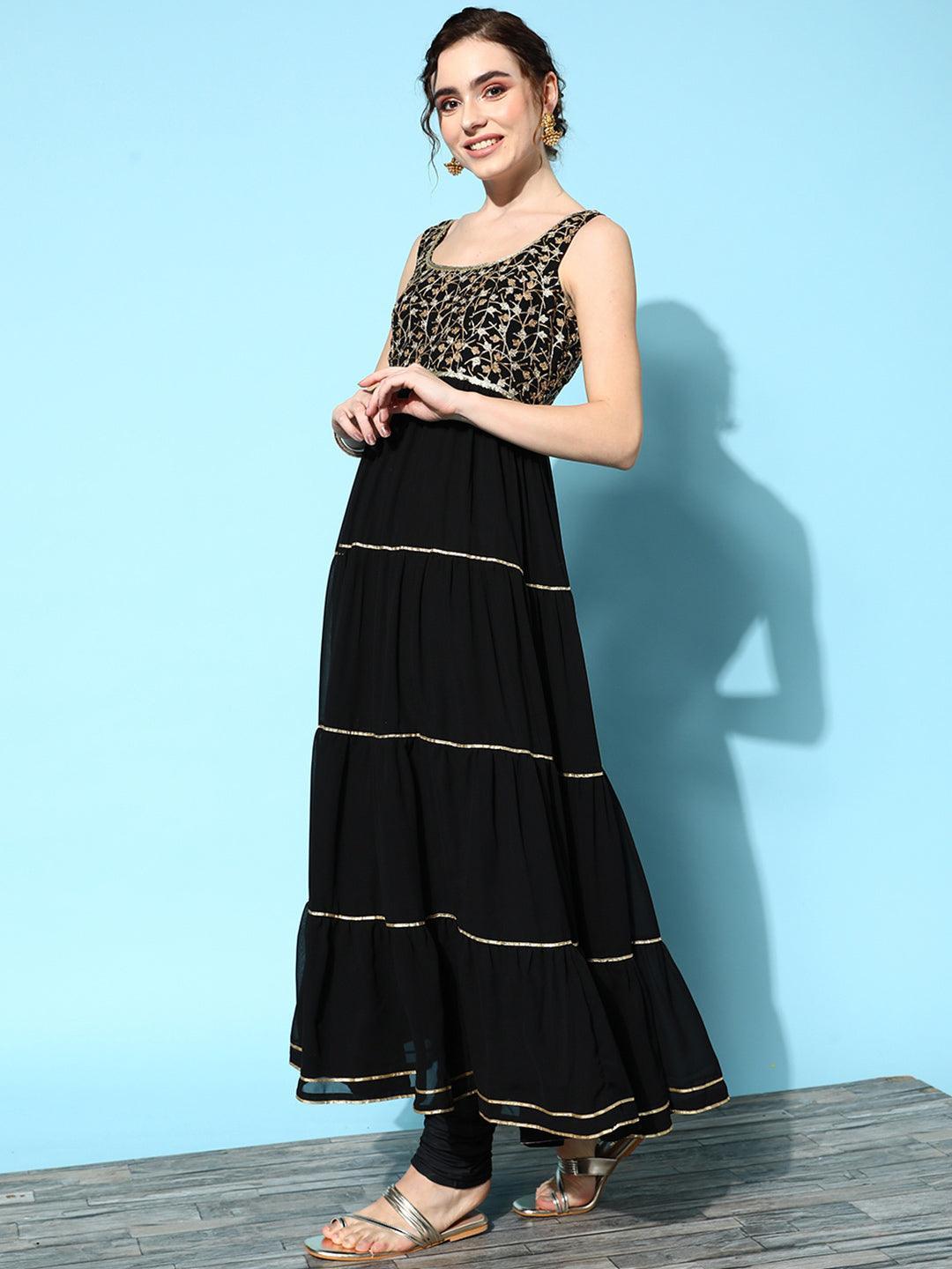 Black Yoke Design Georgette Anarkali Churidar Suit Set - Libas