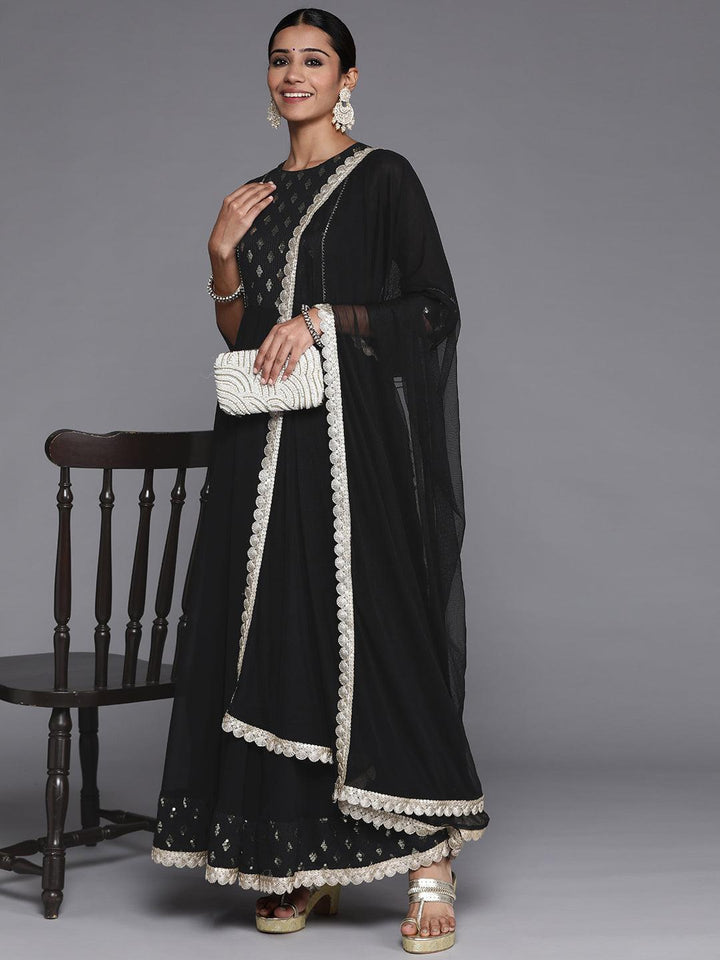 Black Yoke Design Georgette Anarkali Kurta With Churidar & Dupatta