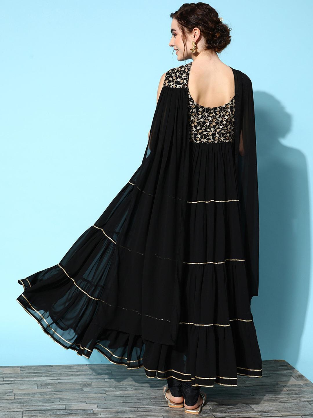 Black Yoke Design Georgette Anarkali Churidar Suit Set - Libas