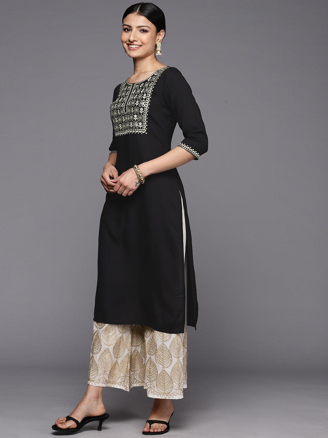 Black Printed Rayon Straight Kurta - ShopLibas