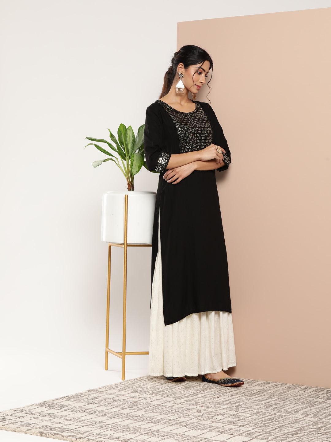 Black Yoke Design Rayon Straight Kurta - ShopLibas