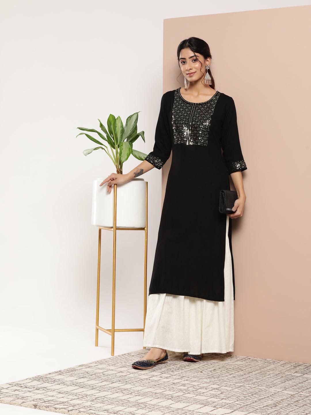 Black Yoke Design Rayon Straight Kurta - ShopLibas