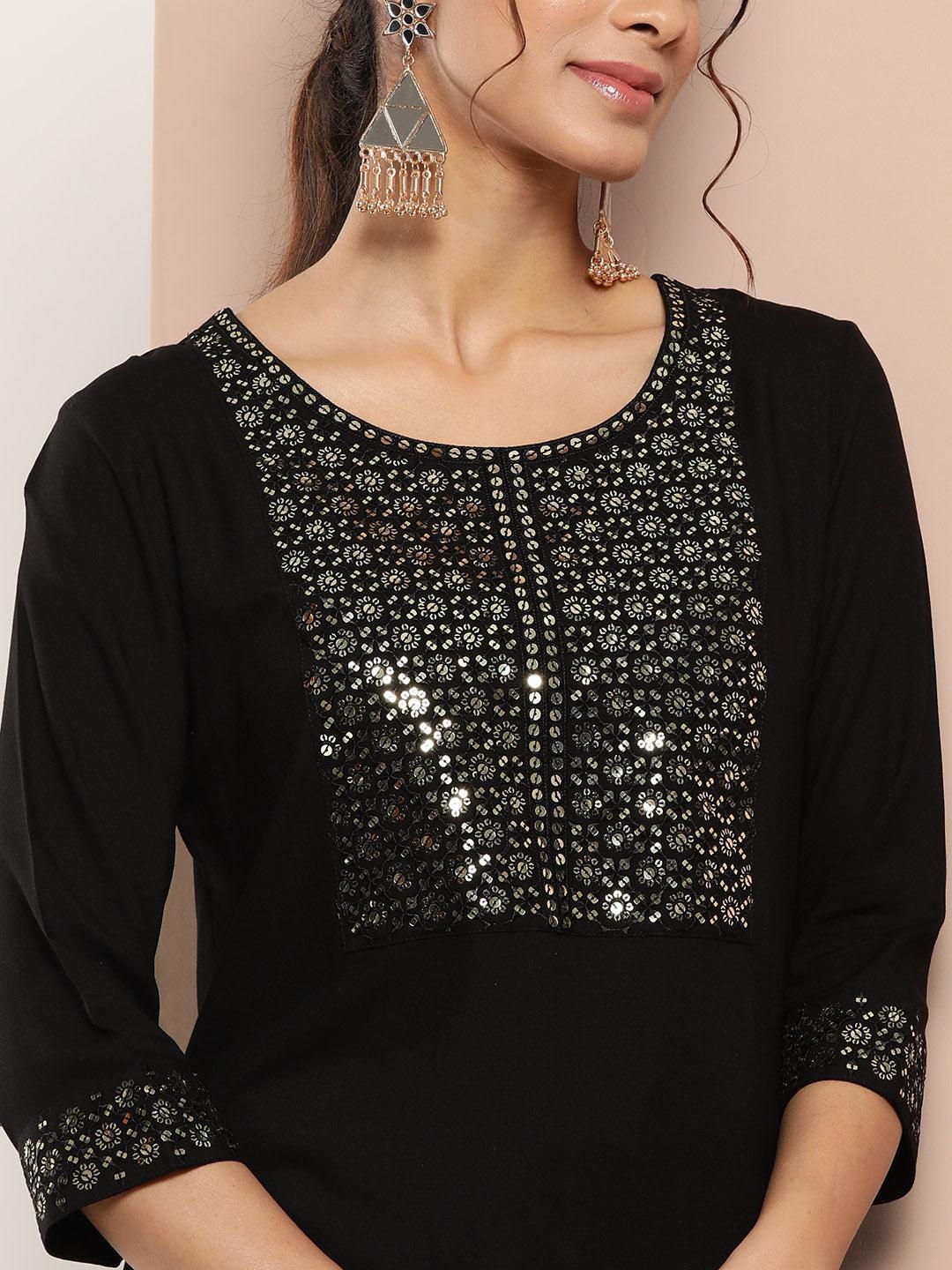 Black Yoke Design Rayon Straight Kurta - ShopLibas