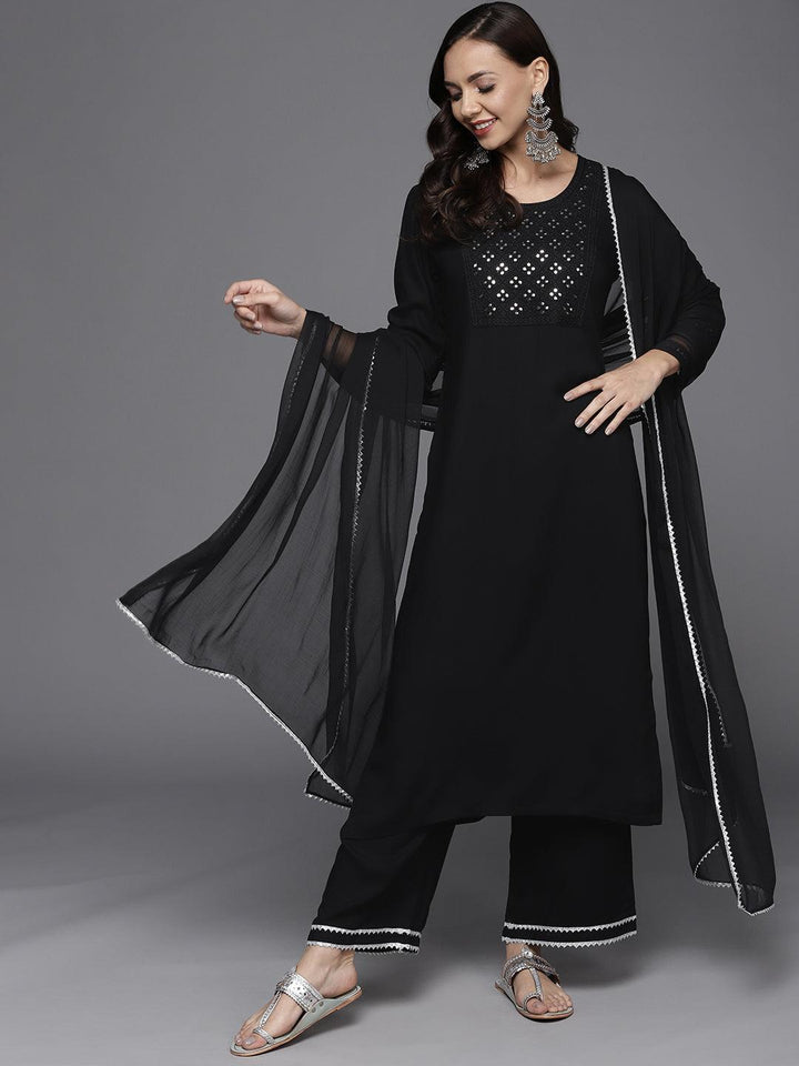 Black Yoke Design Rayon Suit Set