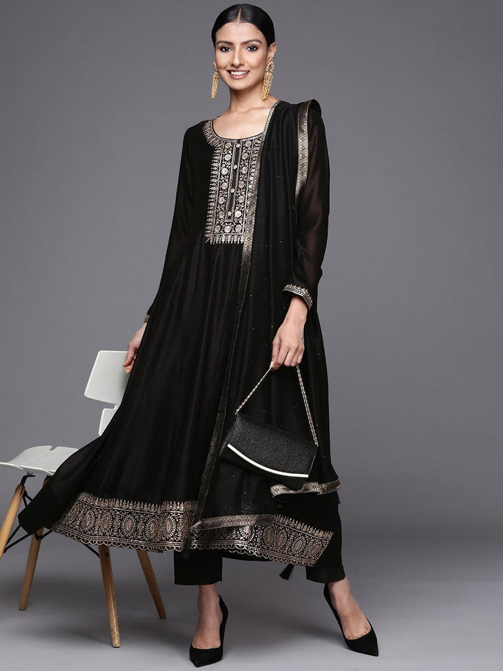 Black Yoke Design Silk Blend Anarkali Suit Set