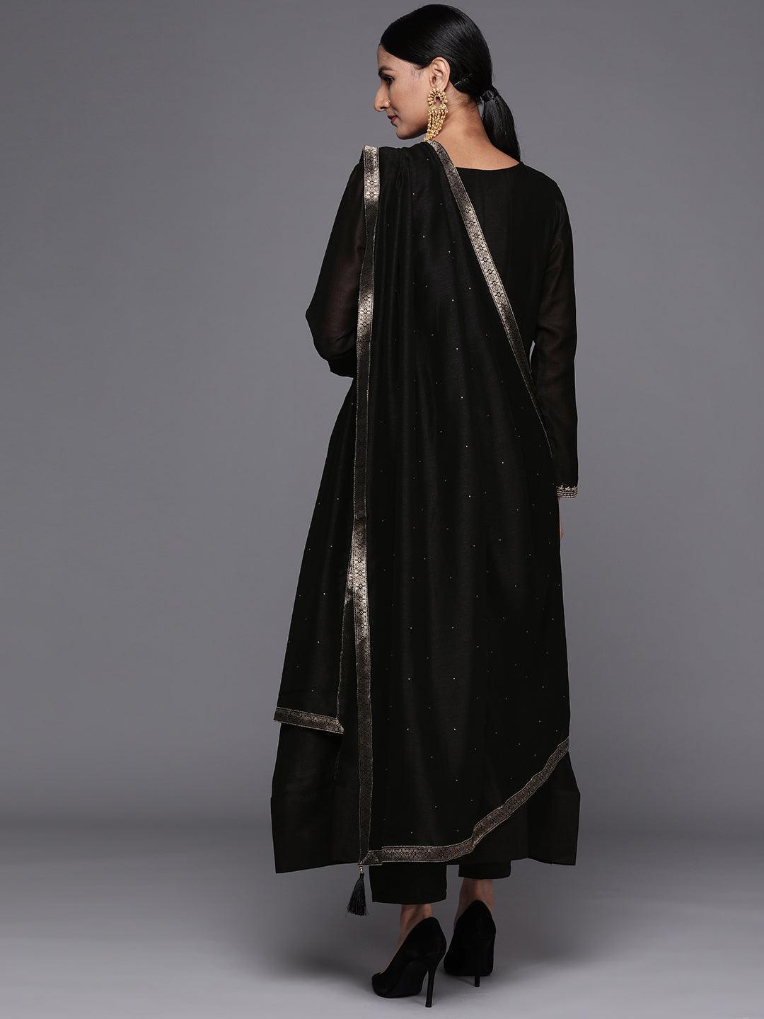 Black Yoke Design Silk Blend Anarkali Suit Set - ShopLibas