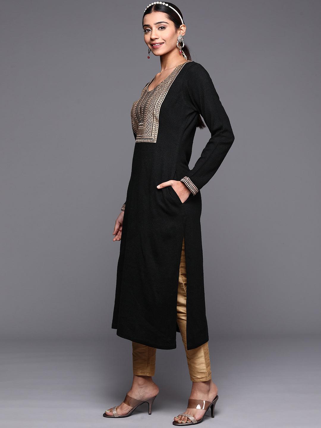 Black Yoke Design Wool Straight Kurta - ShopLibas