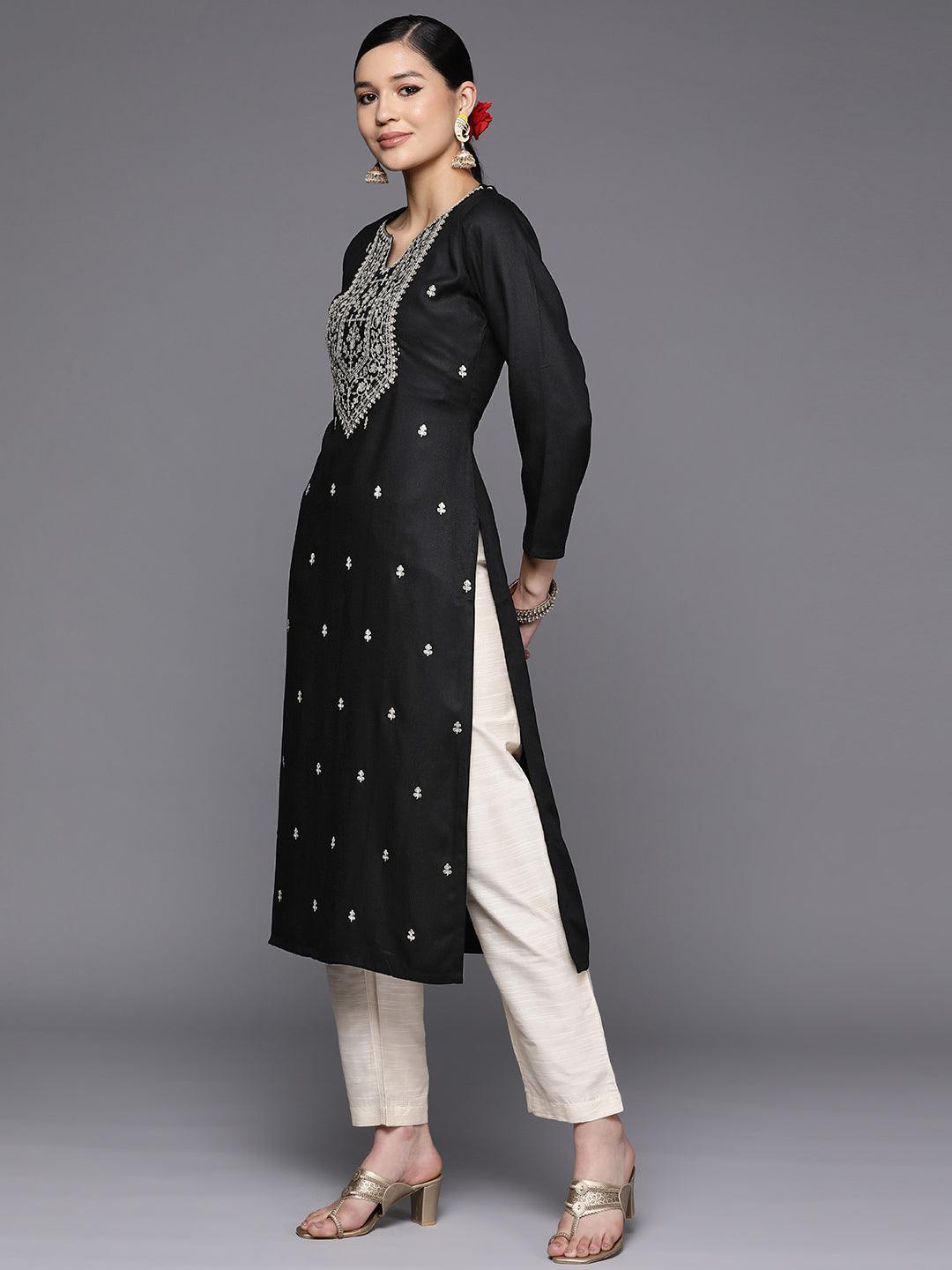 Black Yoke Design Wool Straight Kurta - Libas
