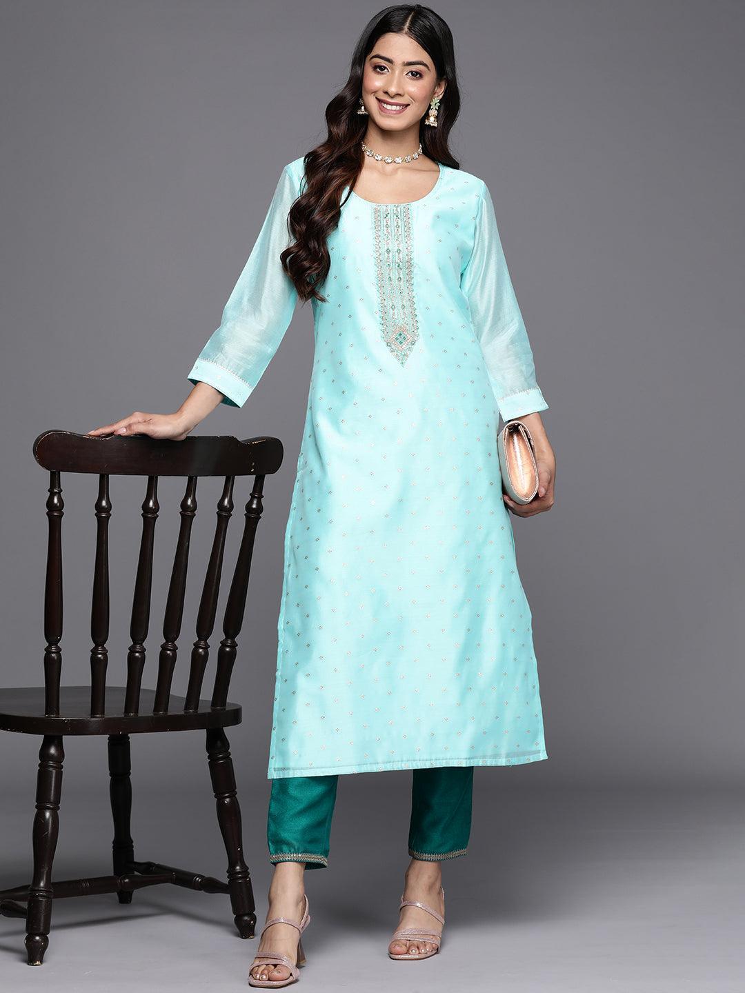 Blue Embellished Chanderi Silk Straight Kurta - ShopLibas