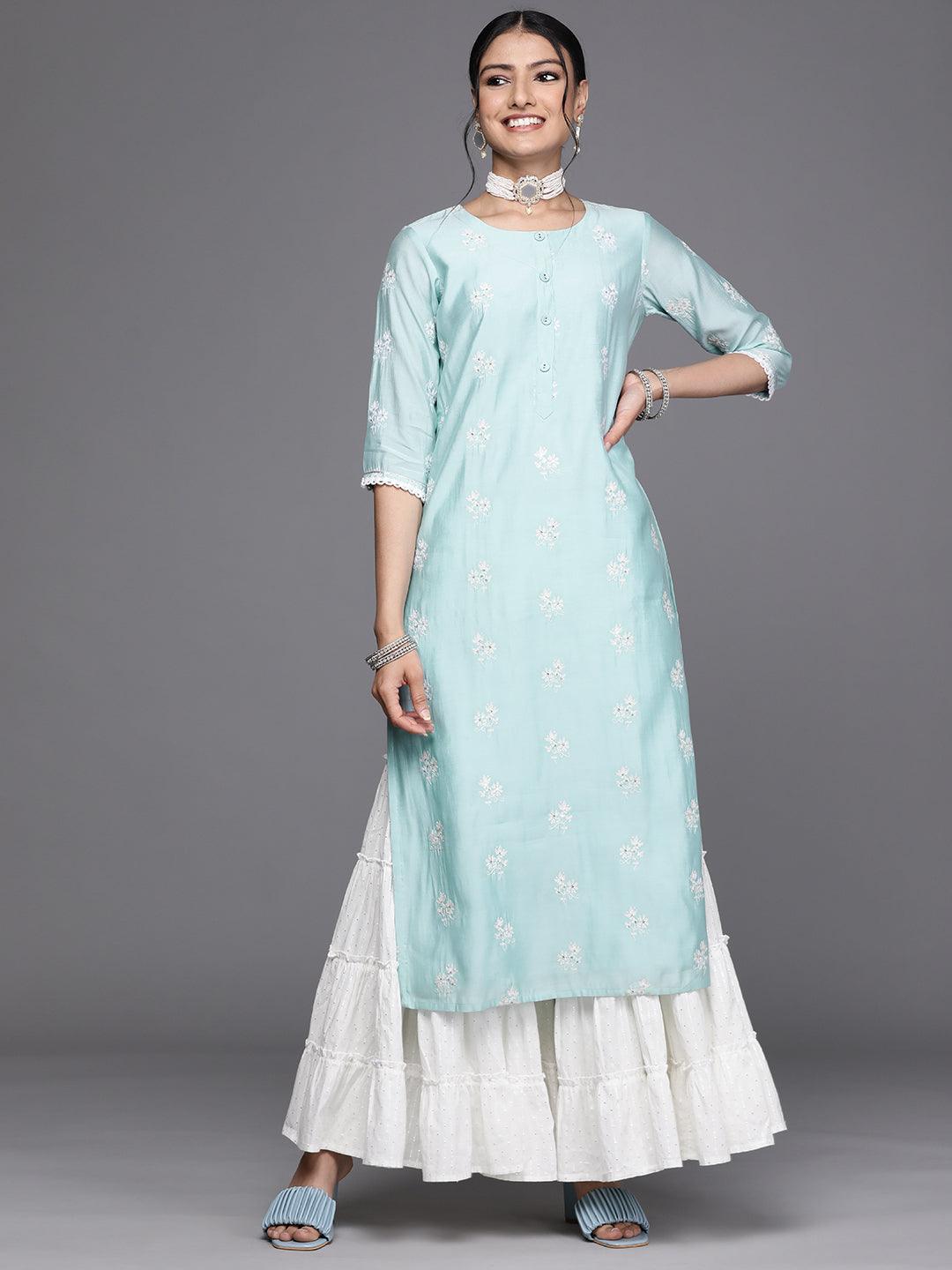 Blue Embroidered Chanderi Silk Kurta - ShopLibas
