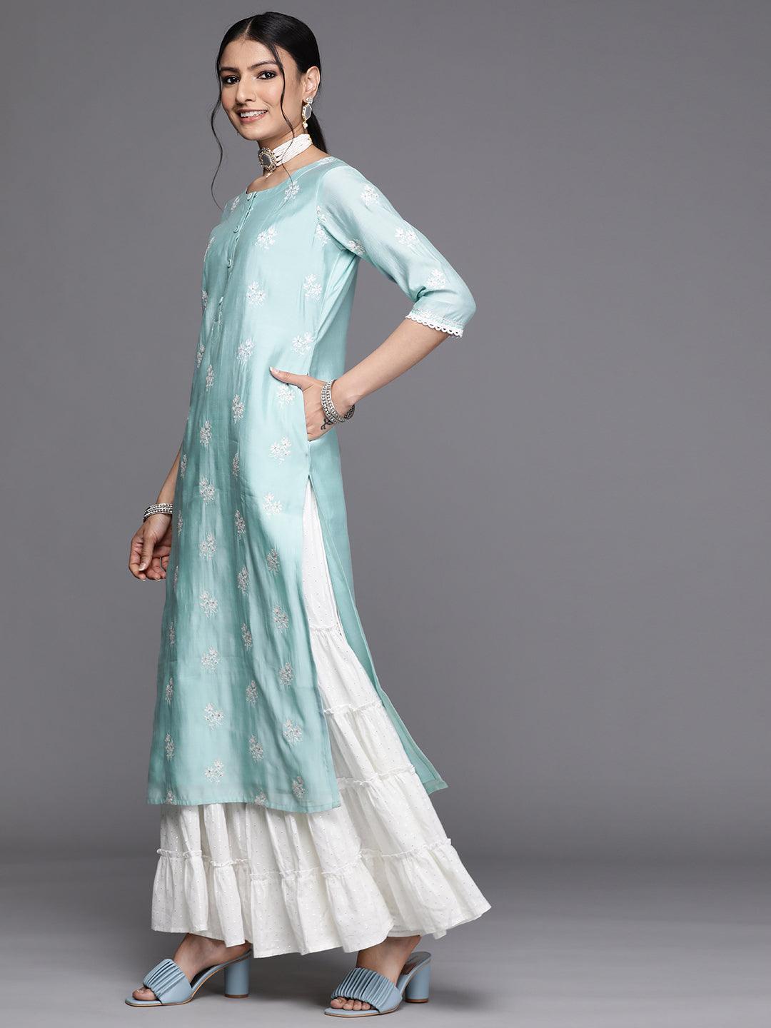 Blue Embroidered Chanderi Silk Kurta - ShopLibas