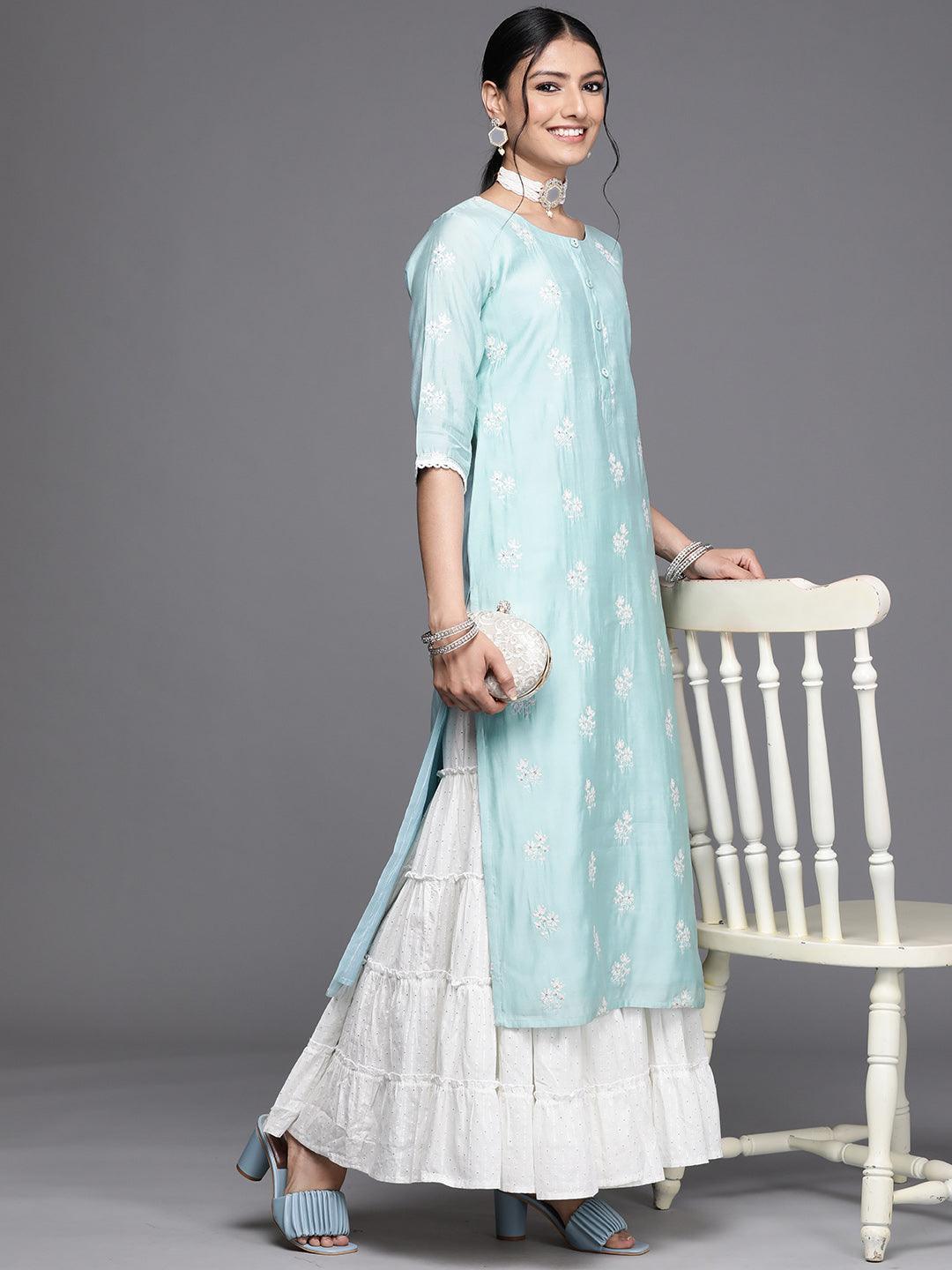 Blue Embroidered Chanderi Silk Kurta - ShopLibas