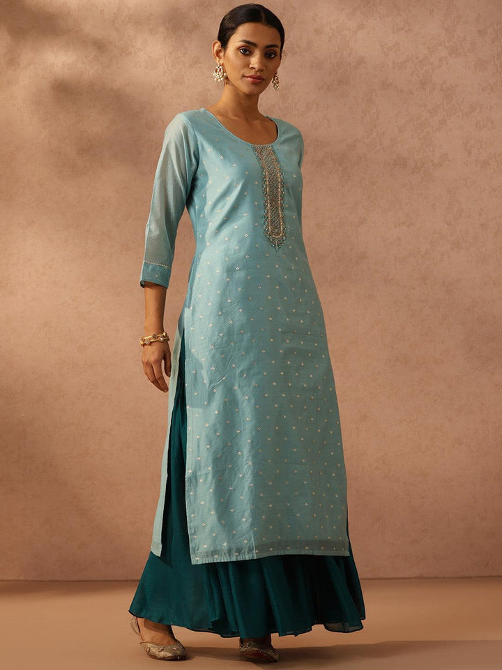 Blue Embroidered Chanderi Silk Straight Kurta