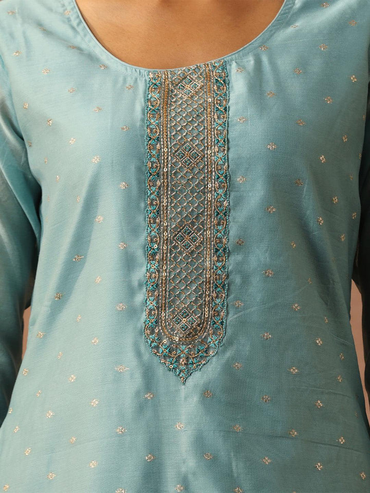 Blue Embroidered Chanderi Silk Straight Kurta
