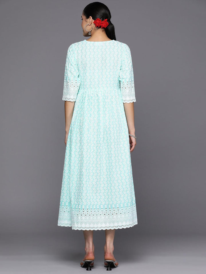Blue Embroidered Cotton Fit and Flare Dress