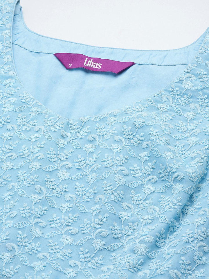 Blue Embroidered Georgette A-Line Suit Set With Sharara