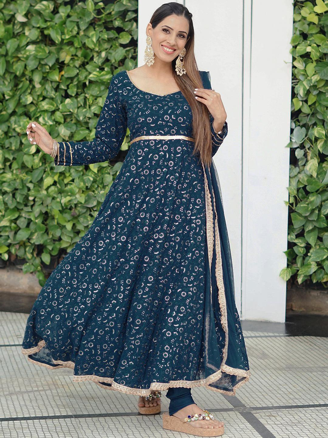 Buy Blue Embroidered Georgette Anarkali Kurta With Churidar