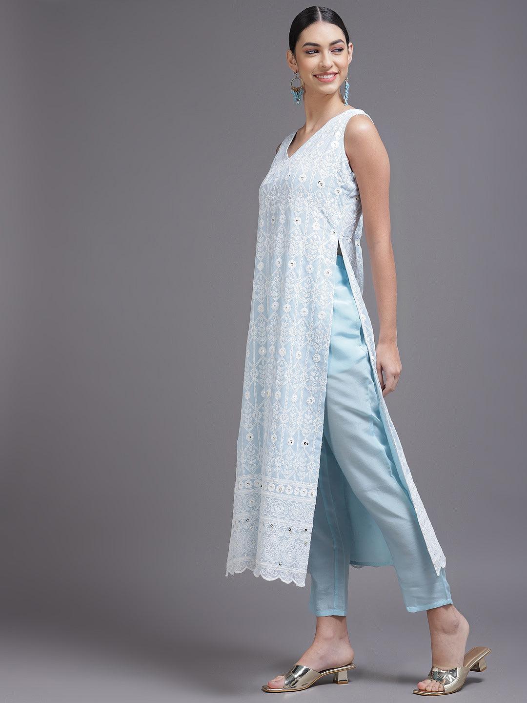 Blue Embroidered Georgette Suit Set - ShopLibas