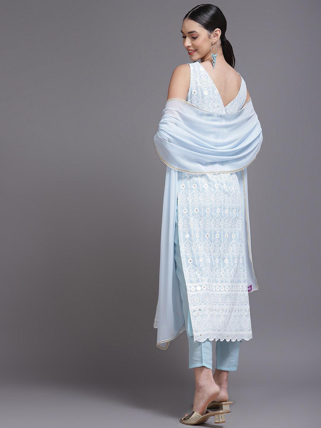 Blue Embroidered Georgette Suit Set - ShopLibas