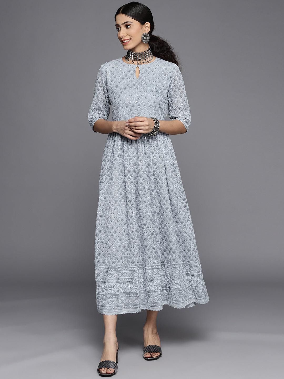 Blue Embroidered Georgette Dress - ShopLibas