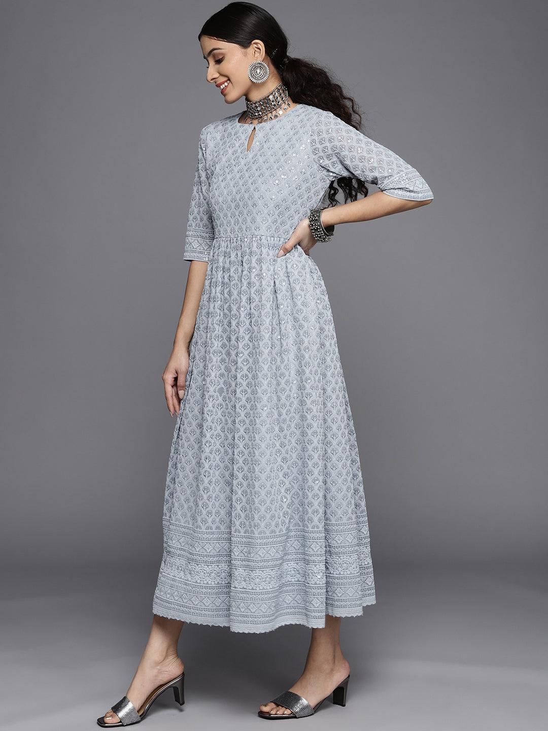 Blue Embroidered Georgette Dress - ShopLibas