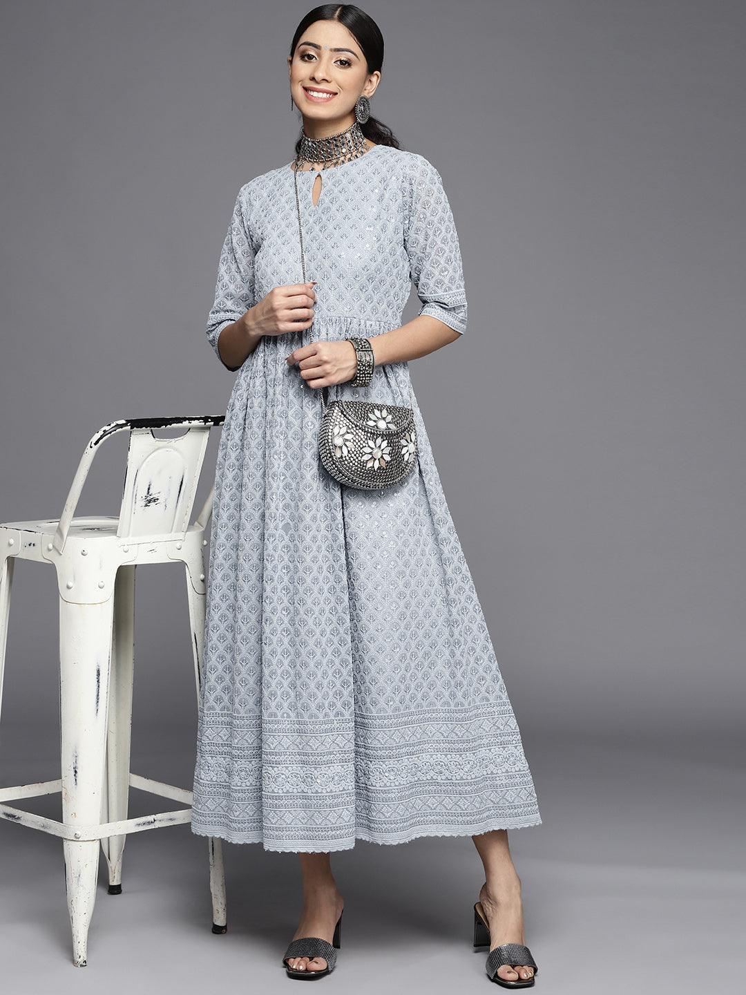 Blue Embroidered Georgette Dress - ShopLibas