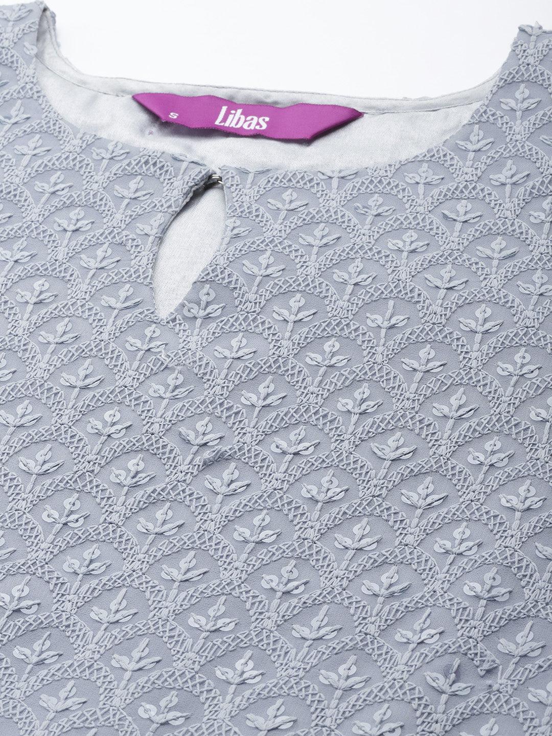 Blue Embroidered Georgette Dress - ShopLibas