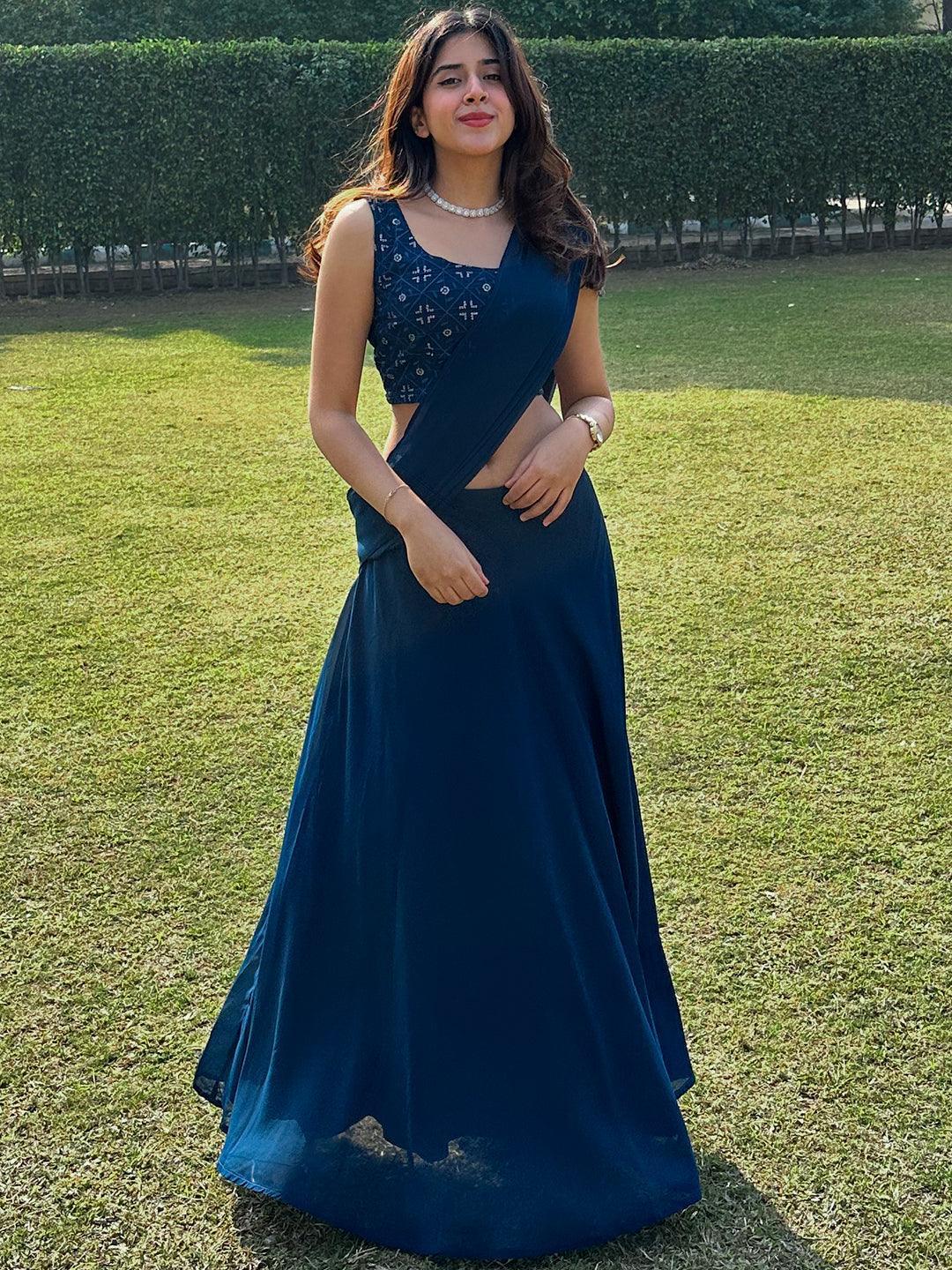 Blue Embroidered Georgette Lehenga Set - ShopLibas