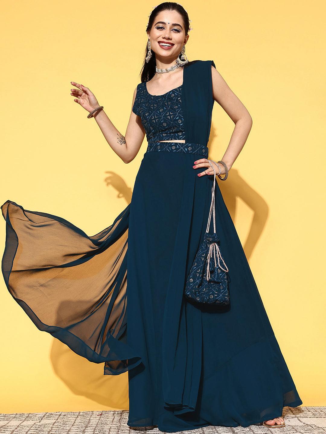 Blue Embroidered Georgette Lehenga Set - ShopLibas