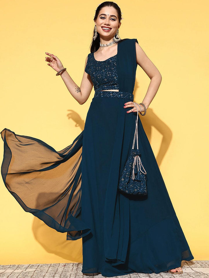 Blue Embroidered Georgette Lehenga Set