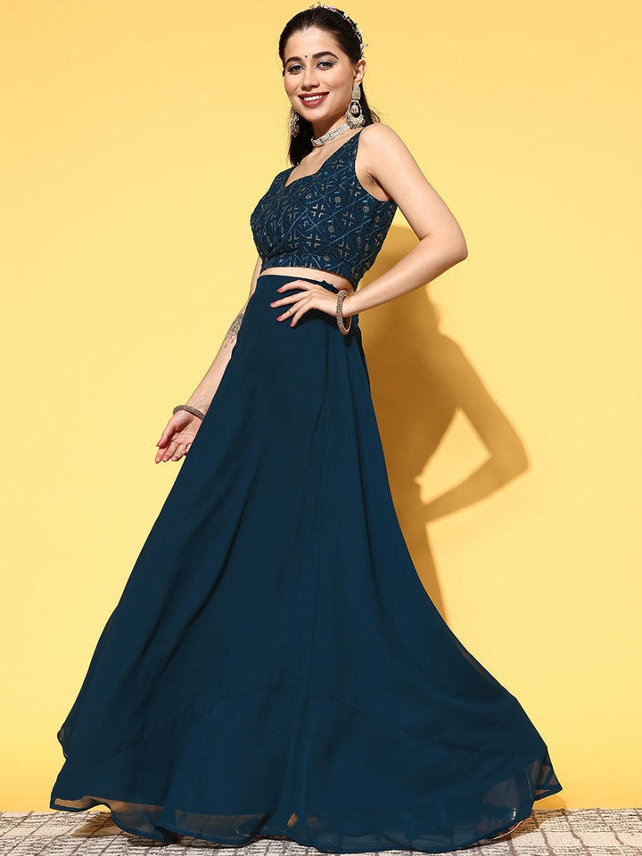 Blue Embroidered Georgette Lehenga Set