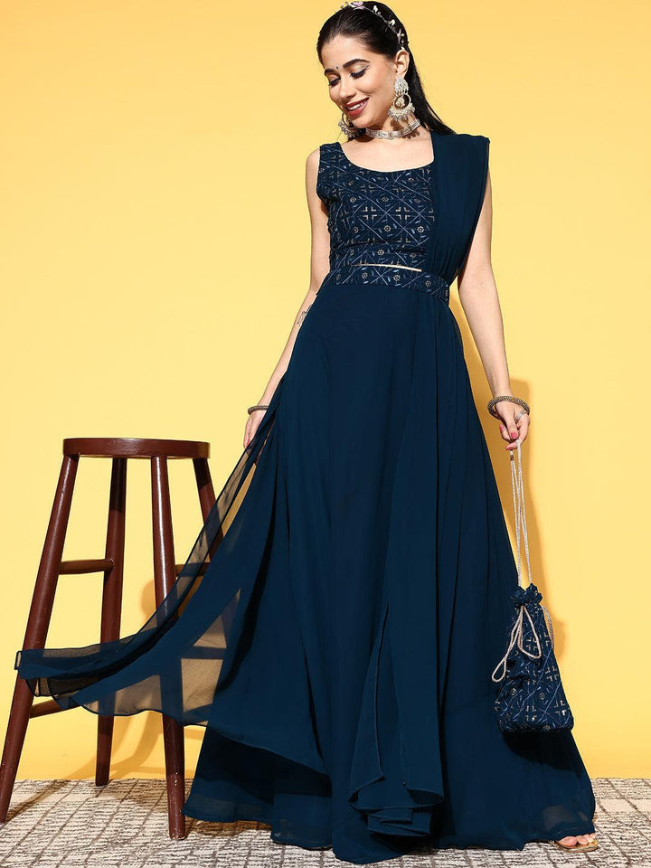 Blue Embroidered Georgette Lehenga Set