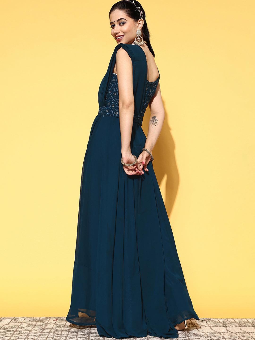 Blue Embroidered Georgette Lehenga Set - ShopLibas