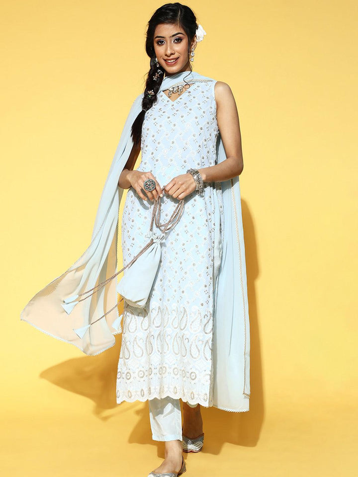 Blue Embroidered Georgette Kurta Set