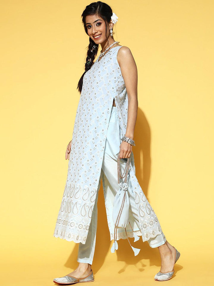 Blue Embroidered Georgette Kurta Set