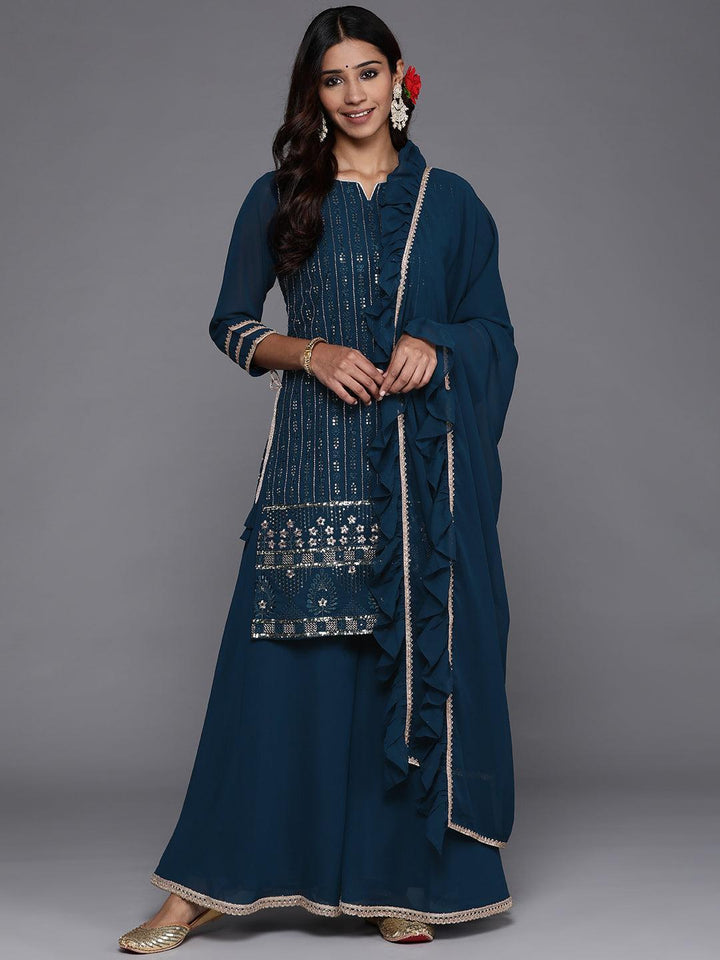 Blue Embroidered Georgette Straight Kurta With Palazzos & Dupatta