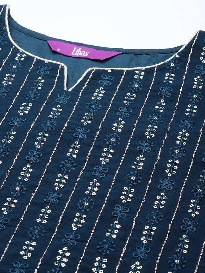 Blue Embroidered Georgette Straight Kurta With Palazzos & Dupatta