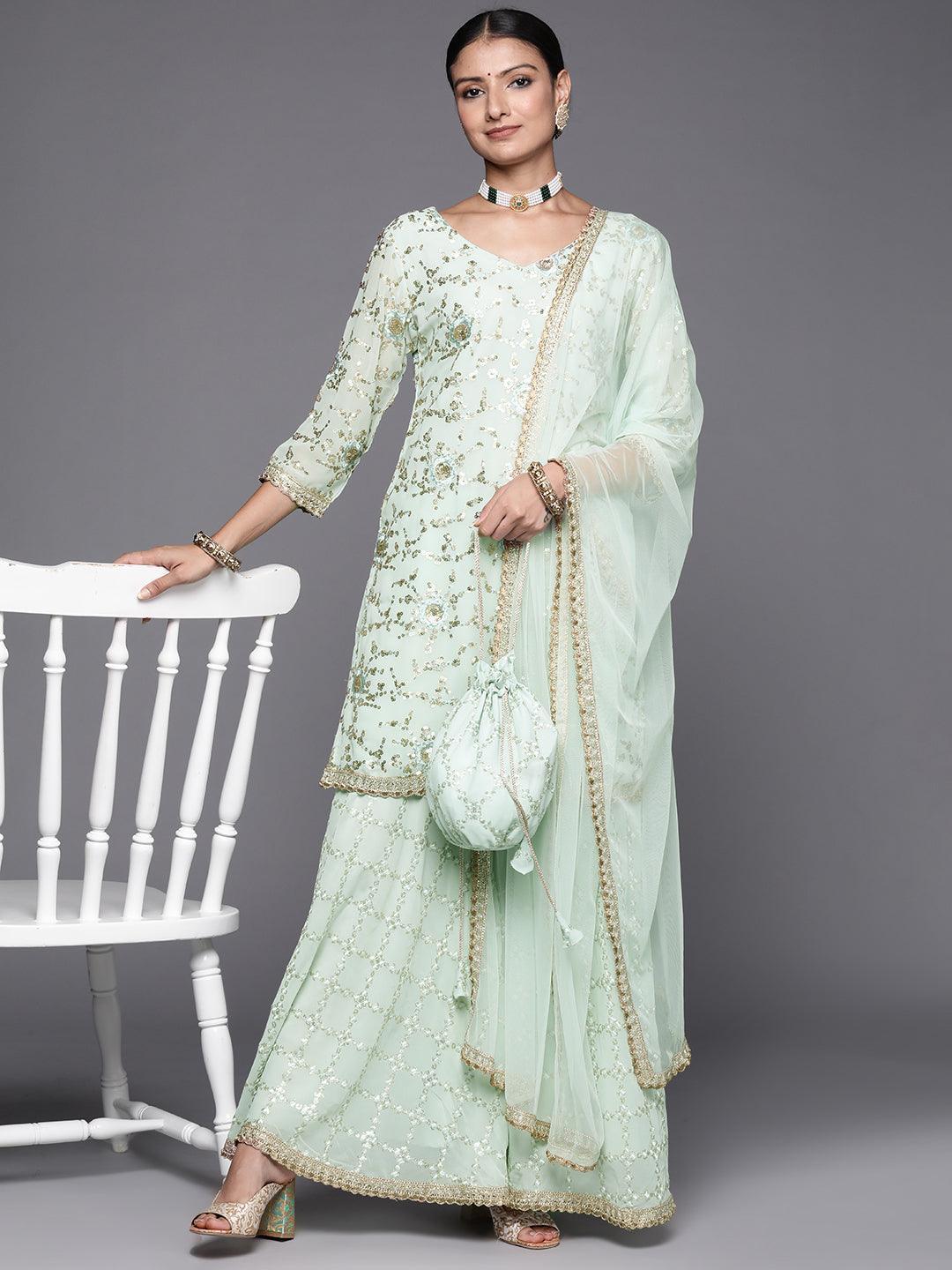 Blue Embroidered Georgette Straight Suit Set - ShopLibas