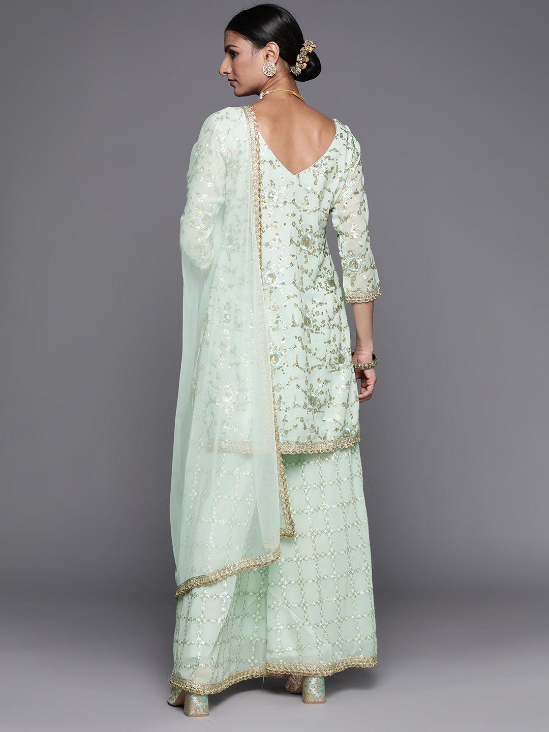 Blue Embroidered Georgette Straight Suit Set - ShopLibas