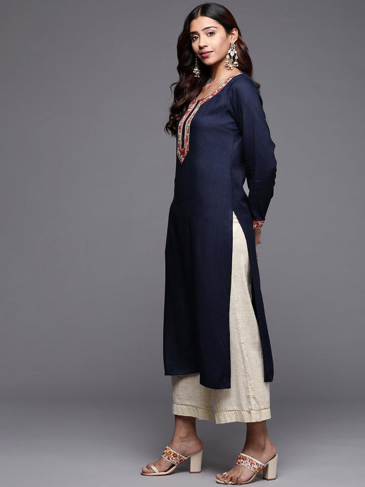 Blue Embroidered Pashmina Wool Straight Kurta