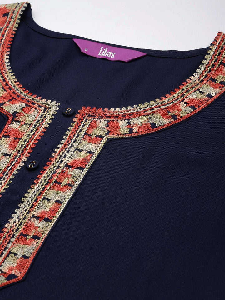 Blue Embroidered Pashmina Wool Straight Kurta