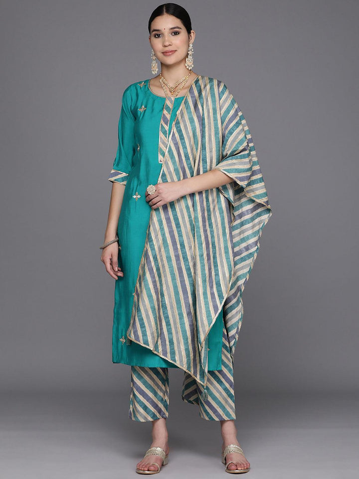 Blue Embroidered Silk Blend Straight Kurta With Trousers & Dupatta
