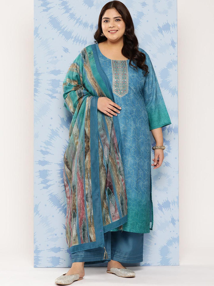 Blue Embroidered Silk Blend Straight Kurta With Trousers and Dupatta