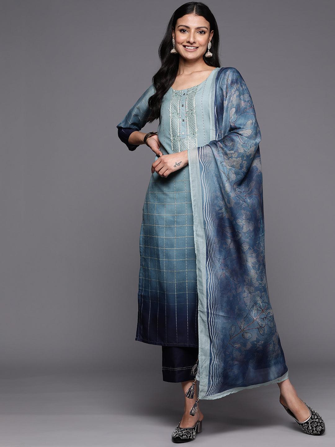 Blue Embroidered Silk Blend Straight Kurta With Trousers and Dupatta
