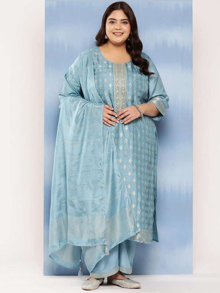 Blue Embroidered Silk Blend Straight Kurta With Trousers and Dupatta